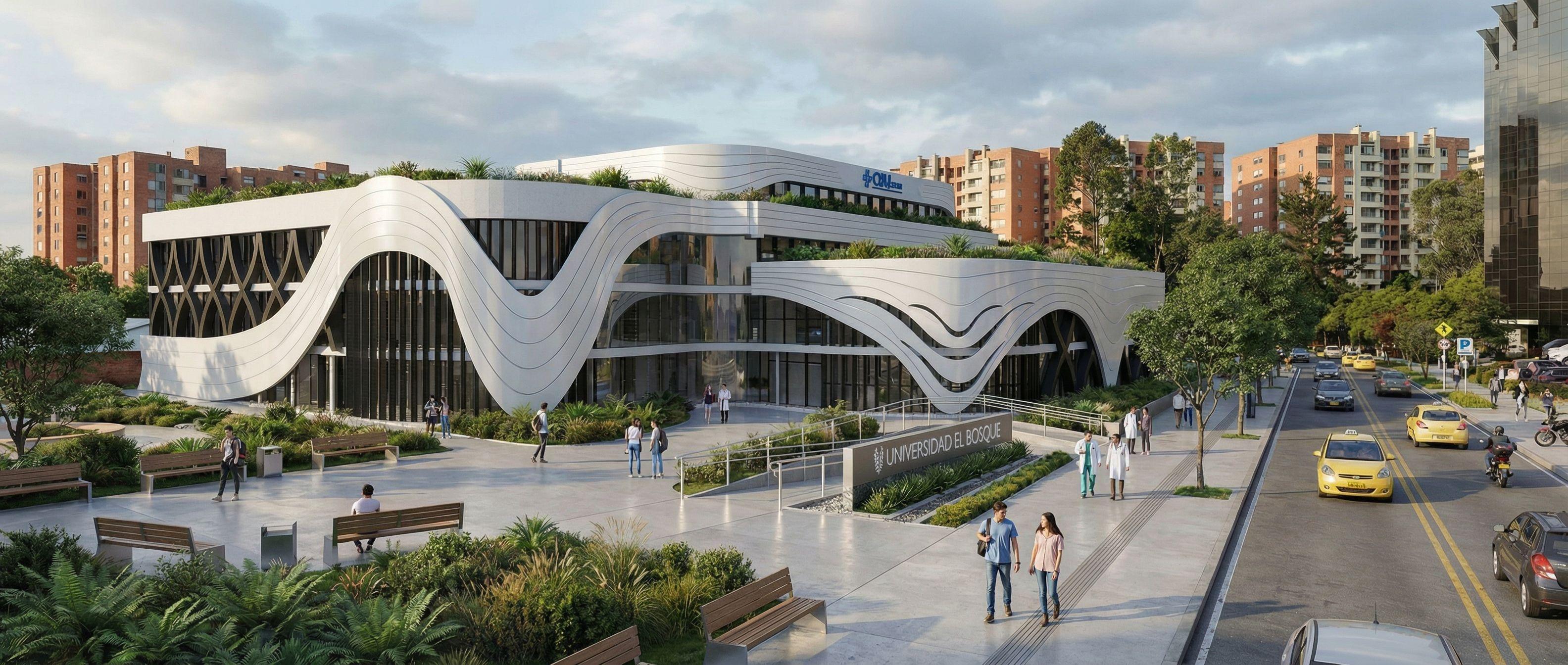 Vista general de los bloques interconectados del Centro de Neurociencias CIIN en Bogotá - Elite24 Studio, firma de arquitectura en Bogotá