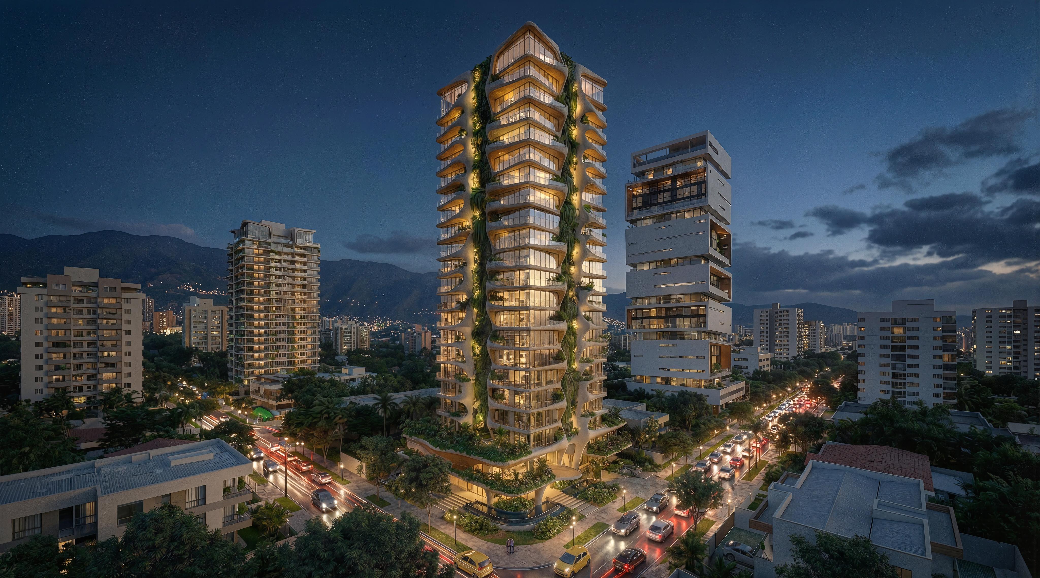 Vista final del hito urbano NOVA GREEN 27, símbolo del futuro de Medellín - Elite24 Studio, firma de arquitectura en Bogotá