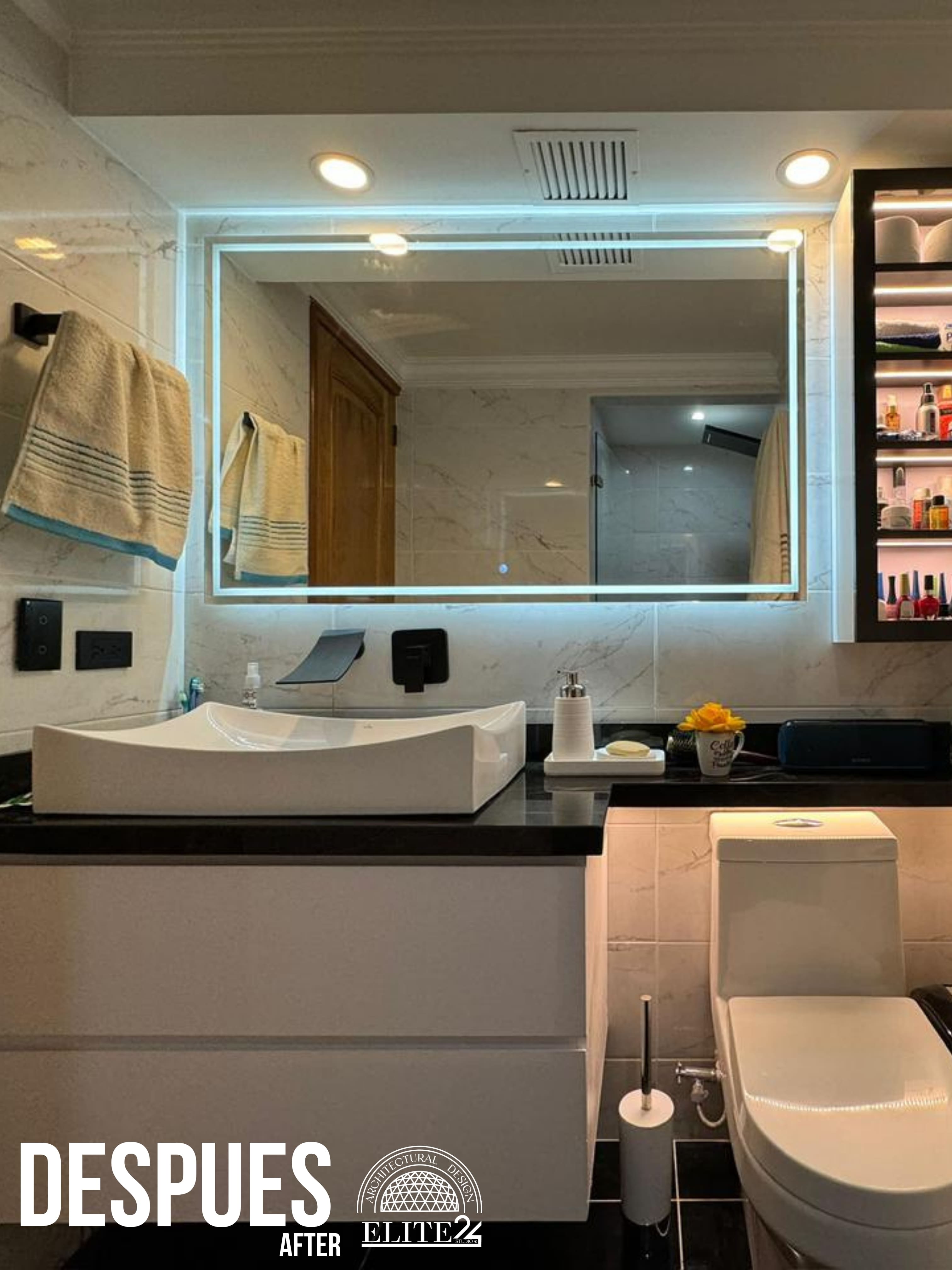 Detalle de herrajes y accesorios minimalistas en el Baño 702, Unicentro - Elite24 Studio, estudio de diseño interior en Bogotá