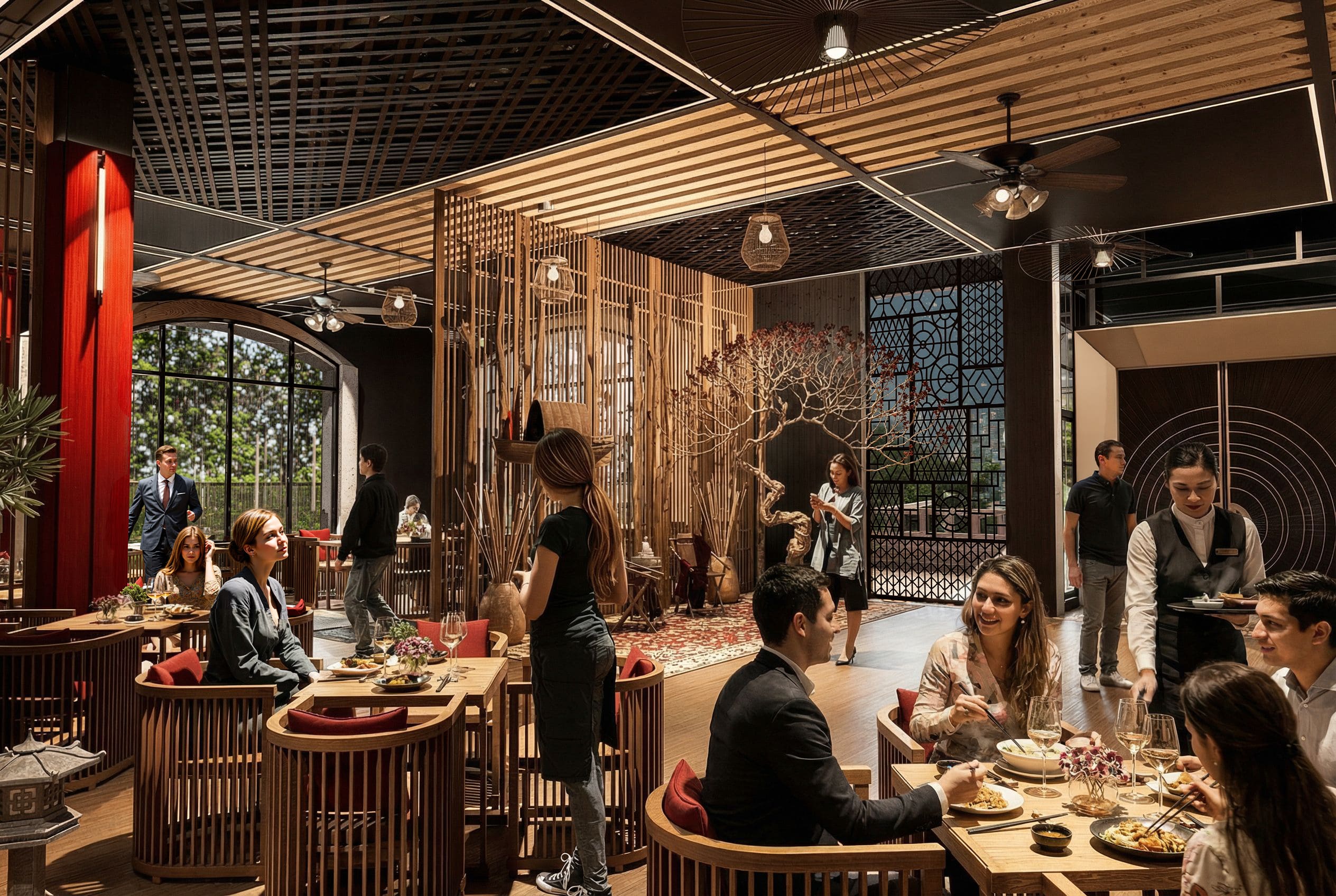Detalle de la geometría de arcos en el interior del restaurante Viva la Vida - Elite24 Studio, firma de arquitectura en Bogotá