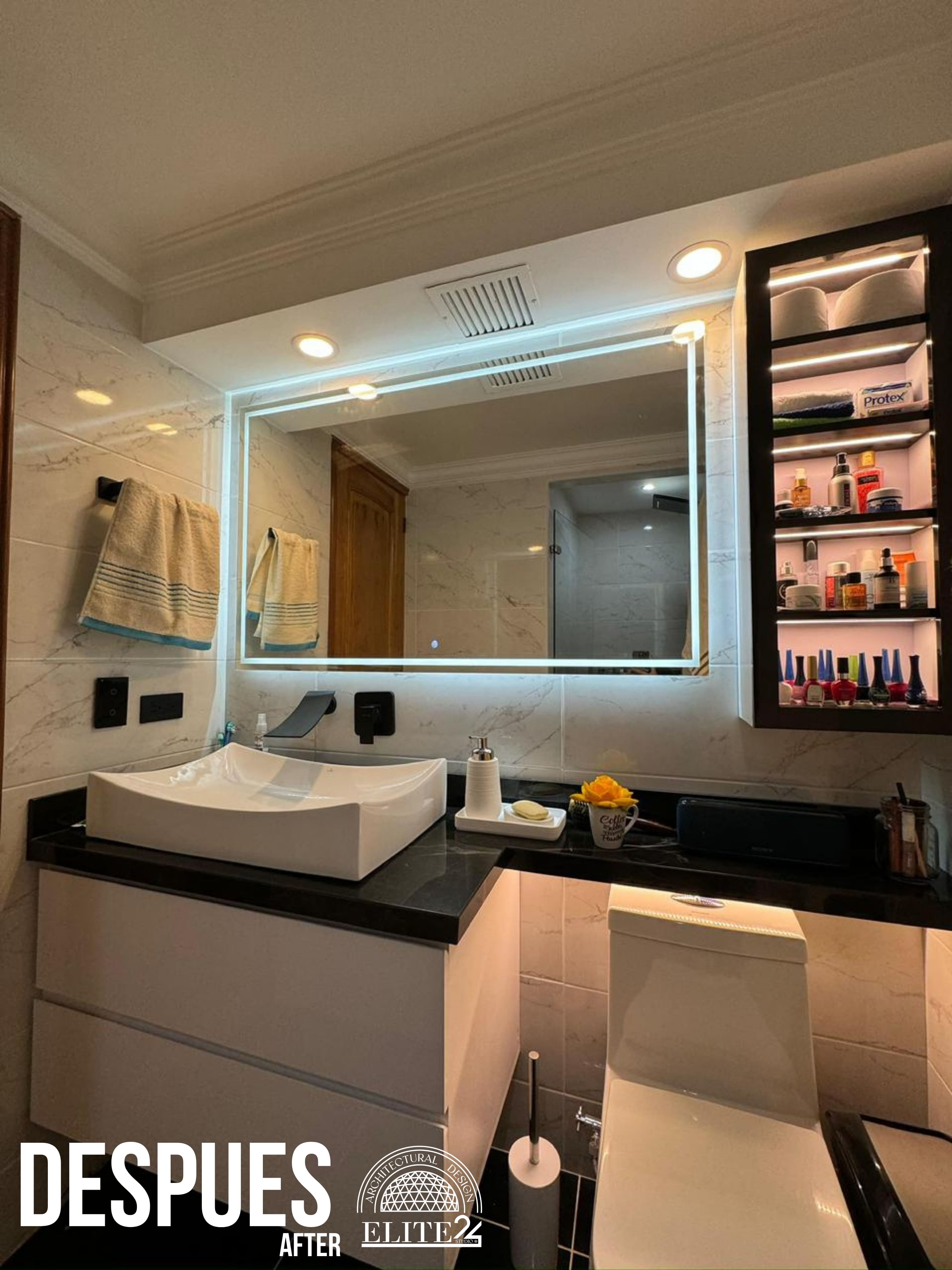 Vista final de la renovación integral del Baño 702, de lo tradicional a lo contemporáneo - Elite24 Studio, estudio de diseño interior en Bogotá