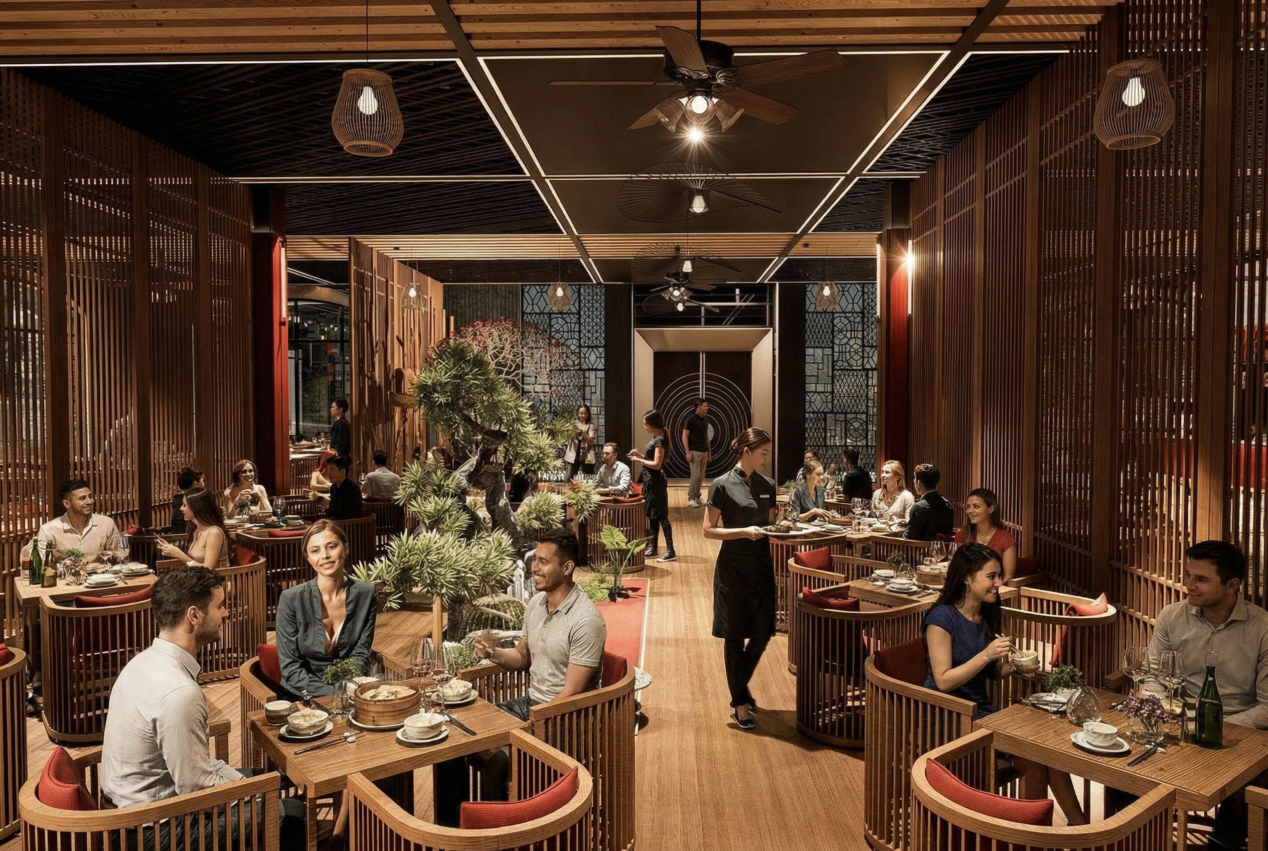 Mesa de comensales bajo la geometría envolvente de Viva la Vida Medellín - Elite24 Studio, firma de arquitectura en Bogotá