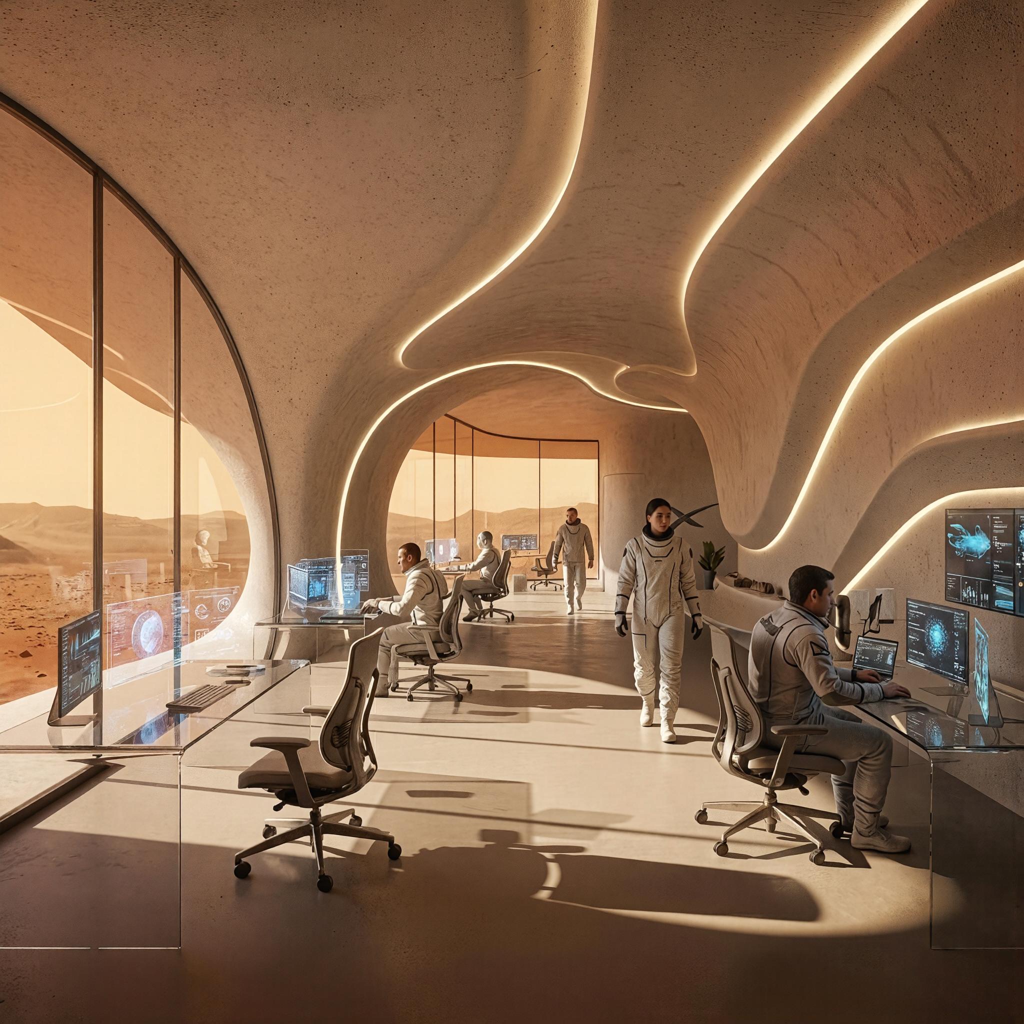 Robots de construcción autónoma edificando el Space X Mars Operations Hub - Elite24 Studio, firma de arquitectura en Bogotá