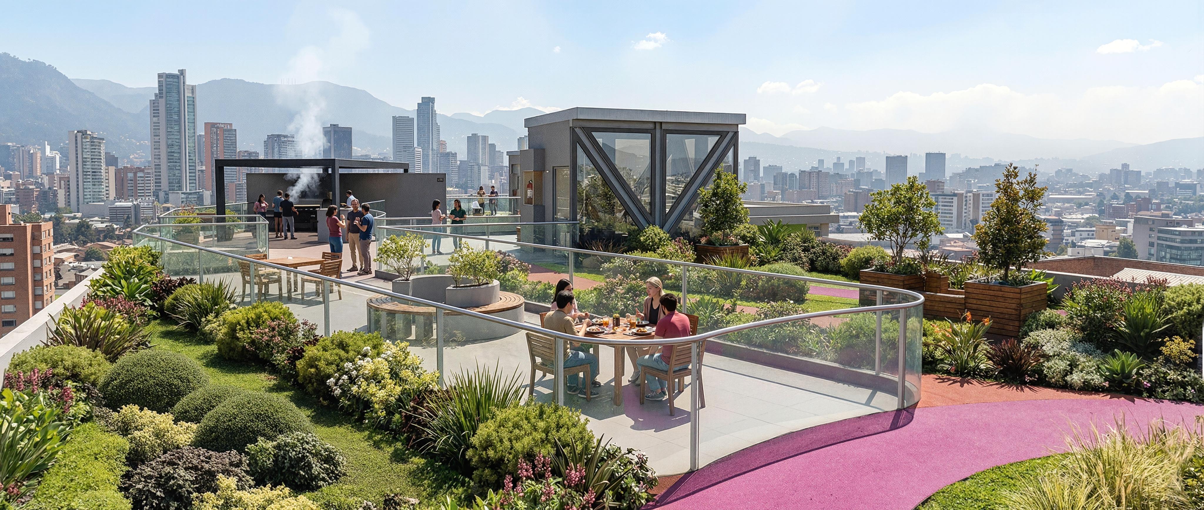 Terraza privada de un penthouse en Elevens Garden con acceso por ascensor exclusivo - Elite24 Studio, firma de arquitectura en Bogotá