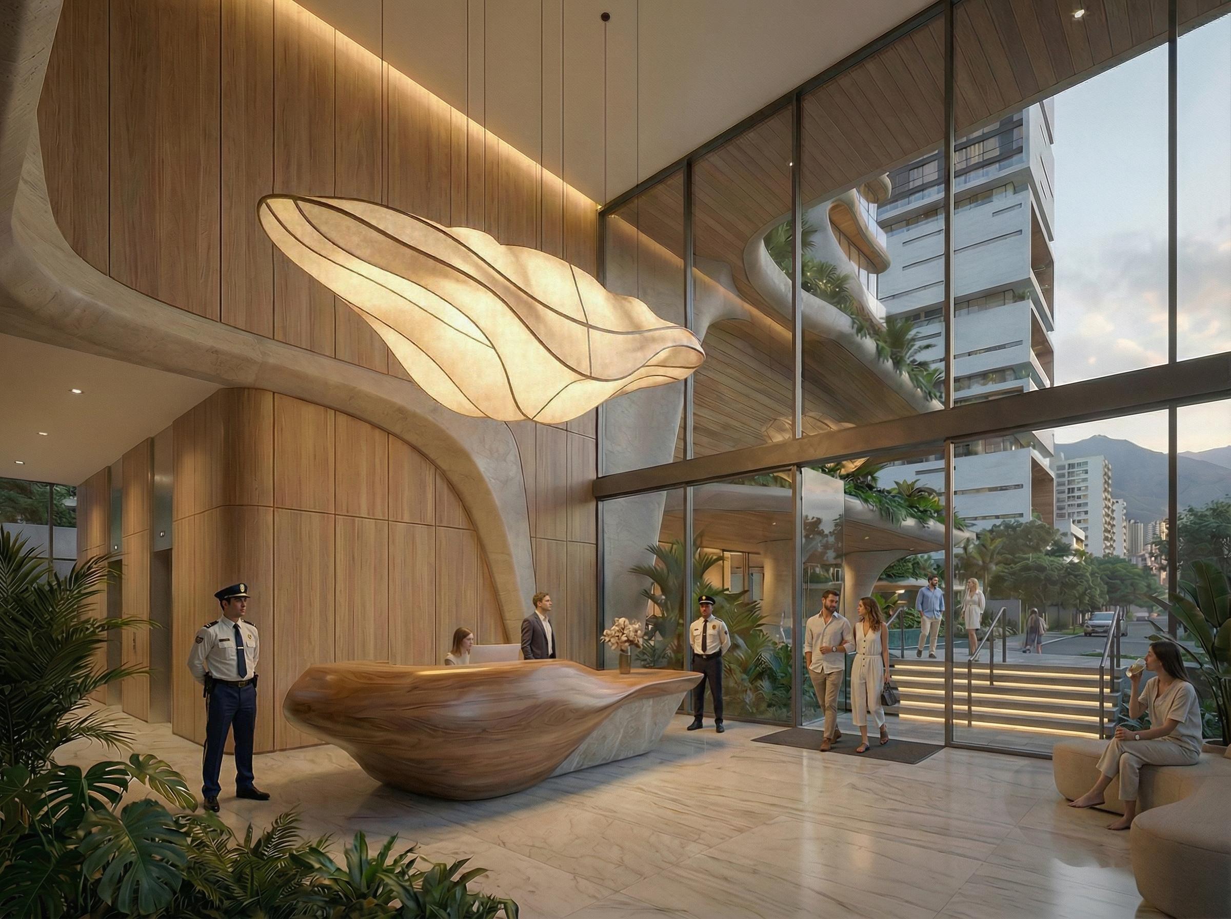Lobby de acceso del edificio residencial y hotelero NOVA GREEN 27 - Elite24 Studio, firma de arquitectura en Bogotá