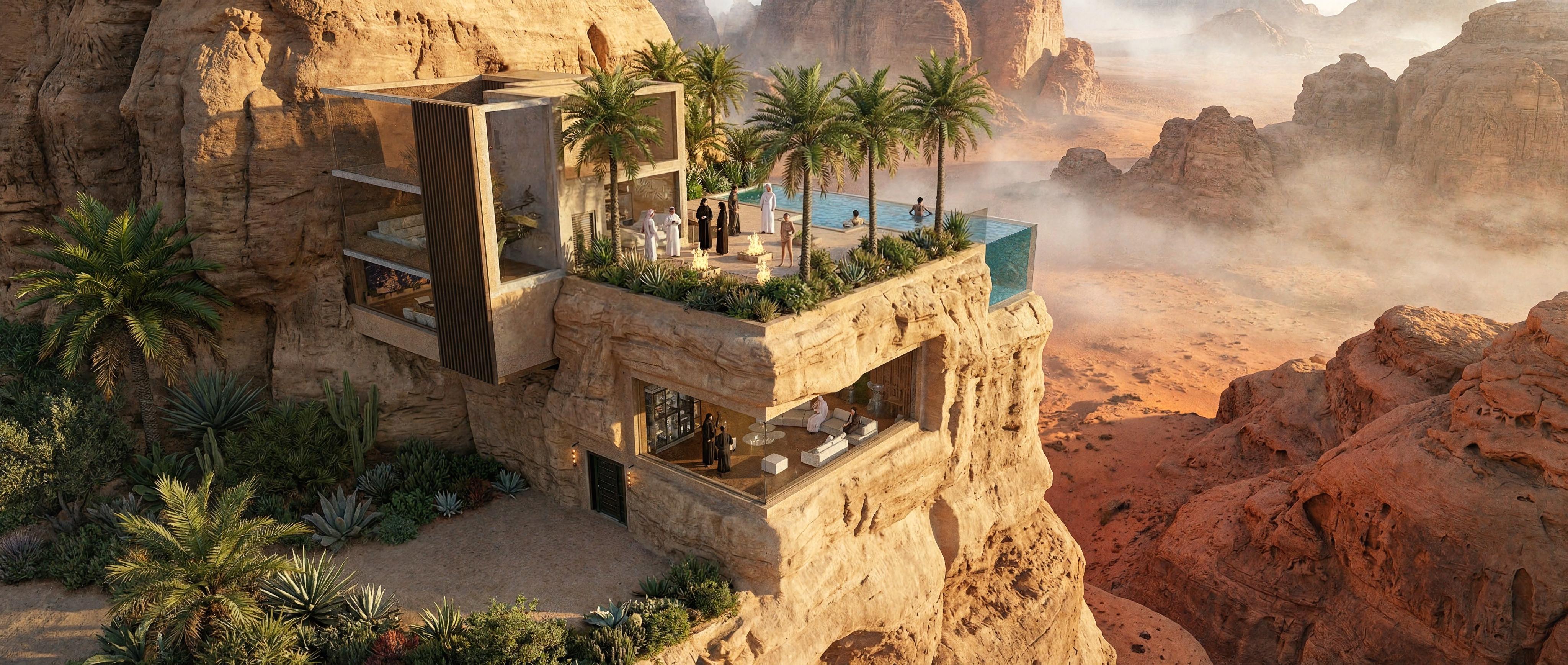 Fachada excavada en la roca del desierto de Bayt Al Sakhra en NEOM, Arabia Saudita - Elite24 Studio, firma de arquitectura en Bogotá