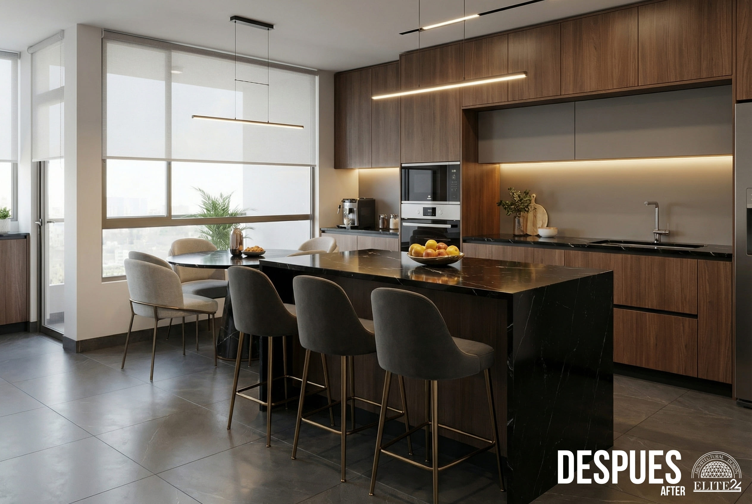 Vista general del baño Rosales 1201 con placas pétreas tipo travertino - Elite24 Studio, estudio de diseño interior en Bogotá