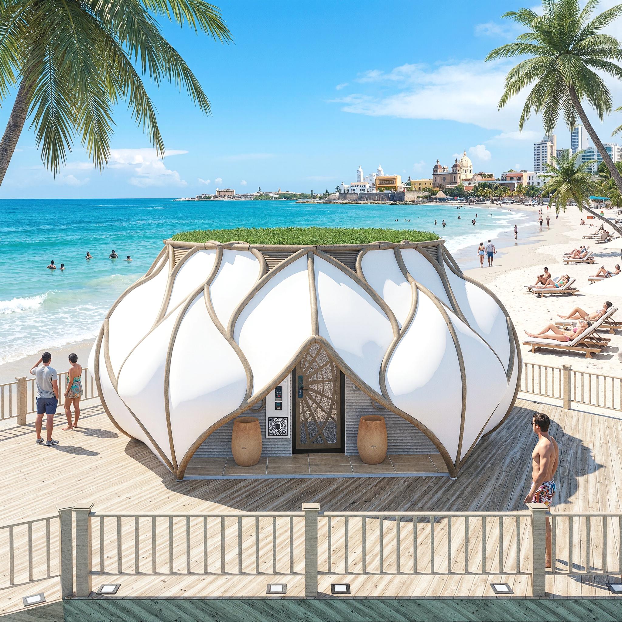 Vista exterior de una suite de glamping sobre el mar en Caribbean Suites, Caribe colombiano - Elite24 Studio, firma de arquitectura en Bogotá