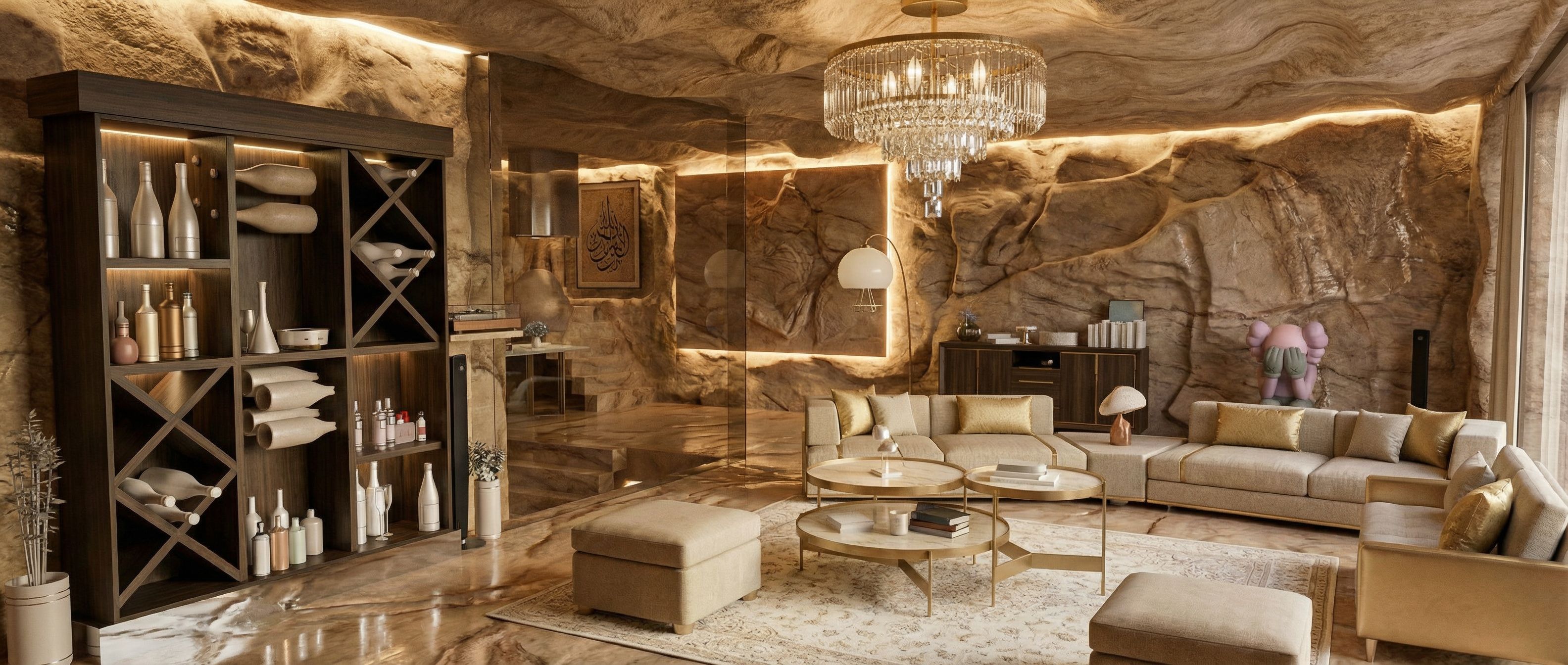 Interior tallado en piedra con acabados en yeso de Bayt Al Sakhra, Casa de la Roca - Elite24 Studio, firma de arquitectura en Bogotá