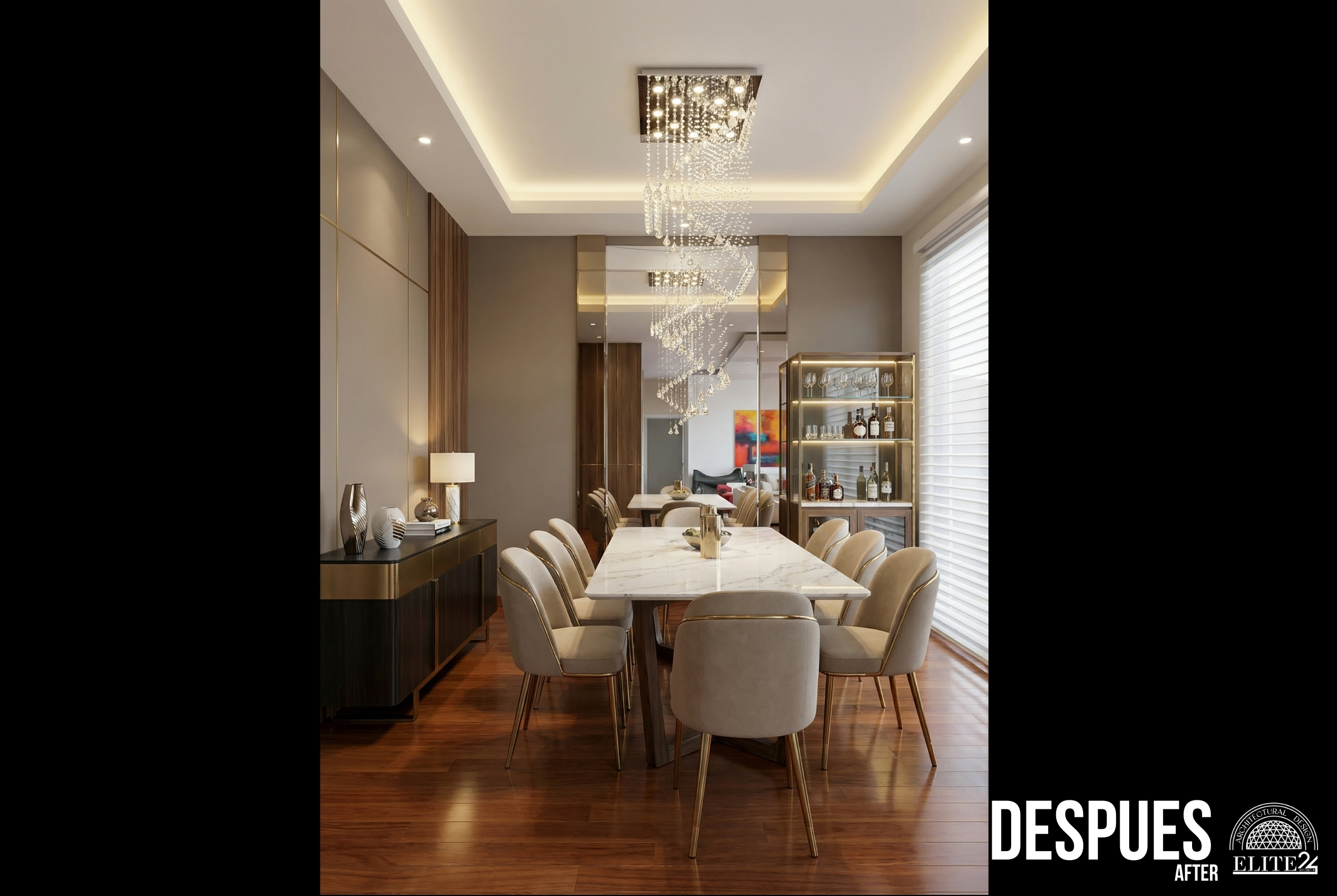 Comedor social con mesa de cubierta pétrea clara en Mondrian 1703, Colina - Elite24 Studio, estudio de diseño interior en Bogotá
