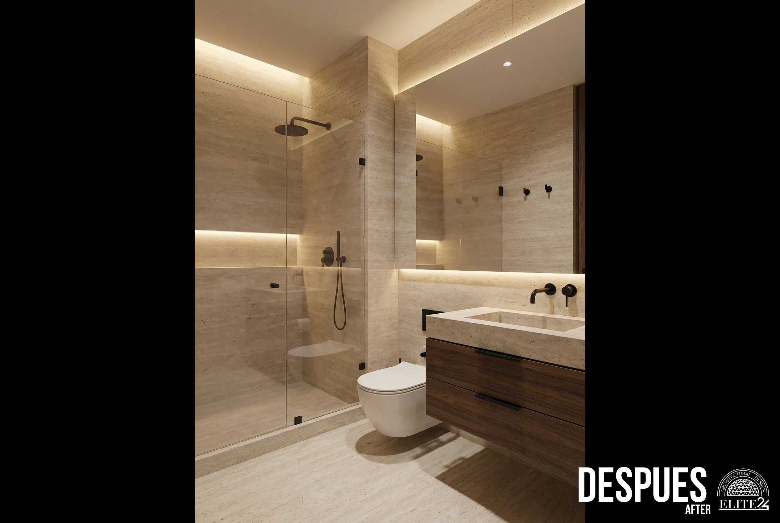 Lavamanos integrado en piedra sobre mueble suspendido en madera, Rosales 1201 - Elite24 Studio, estudio de diseño interior en Bogotá