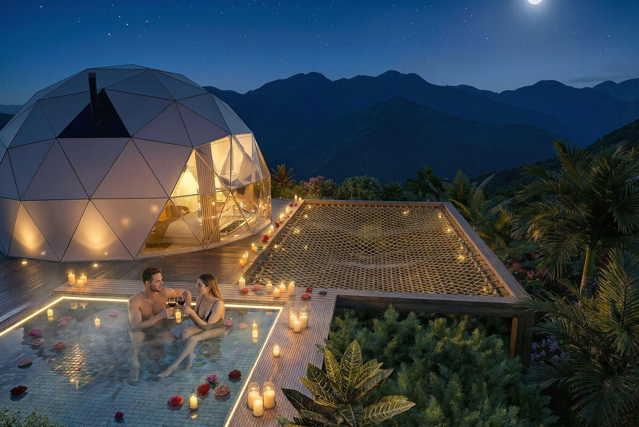 Interior de cabaña Glamping Sky con cama king size - Elite24 Studio, firma de arquitectura en Bogotá