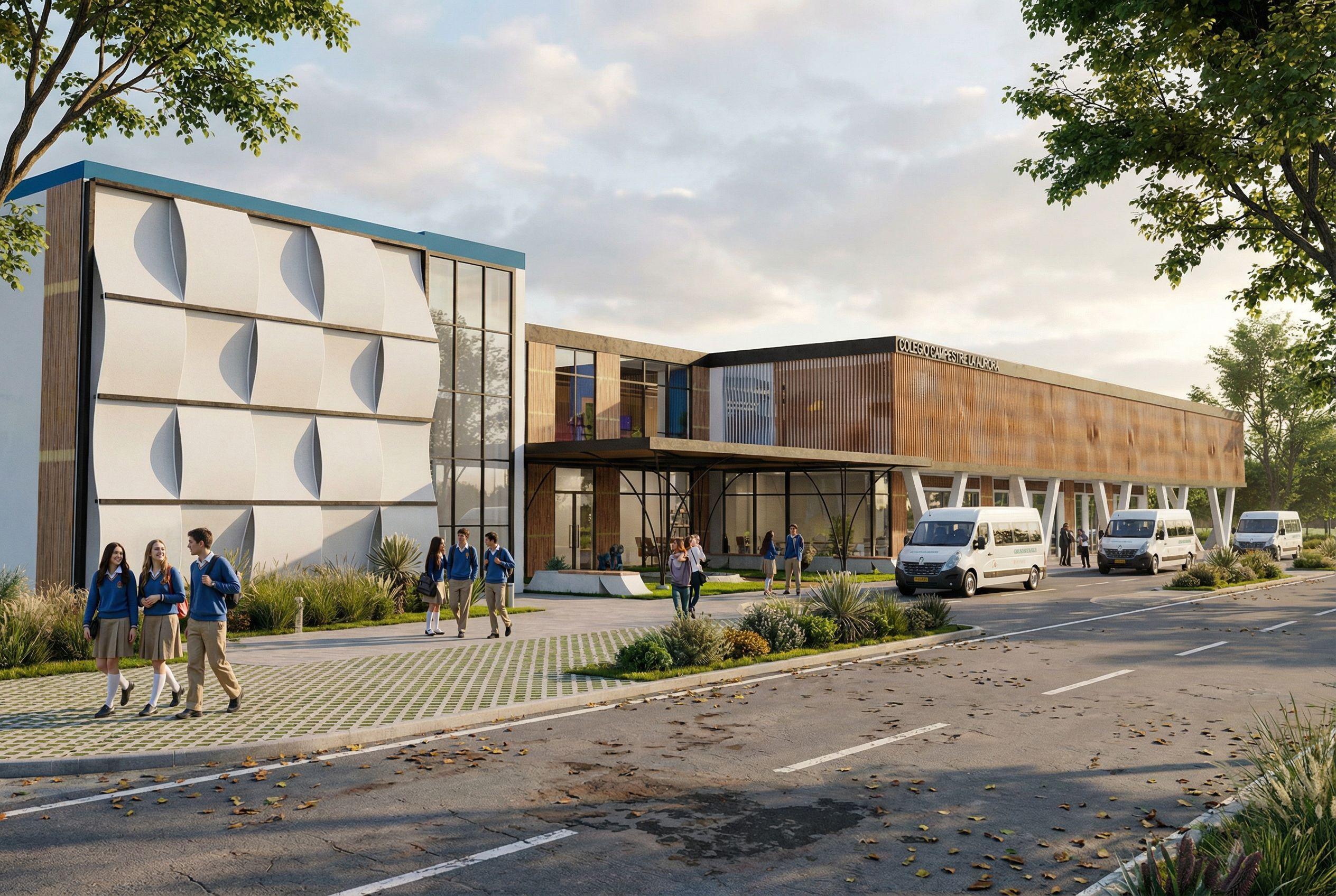 Fachada paramétrica con listones de madera del Colegio Campestre La Aurora, Bogotá - Elite24 Studio, firma de arquitectura en Bogotá