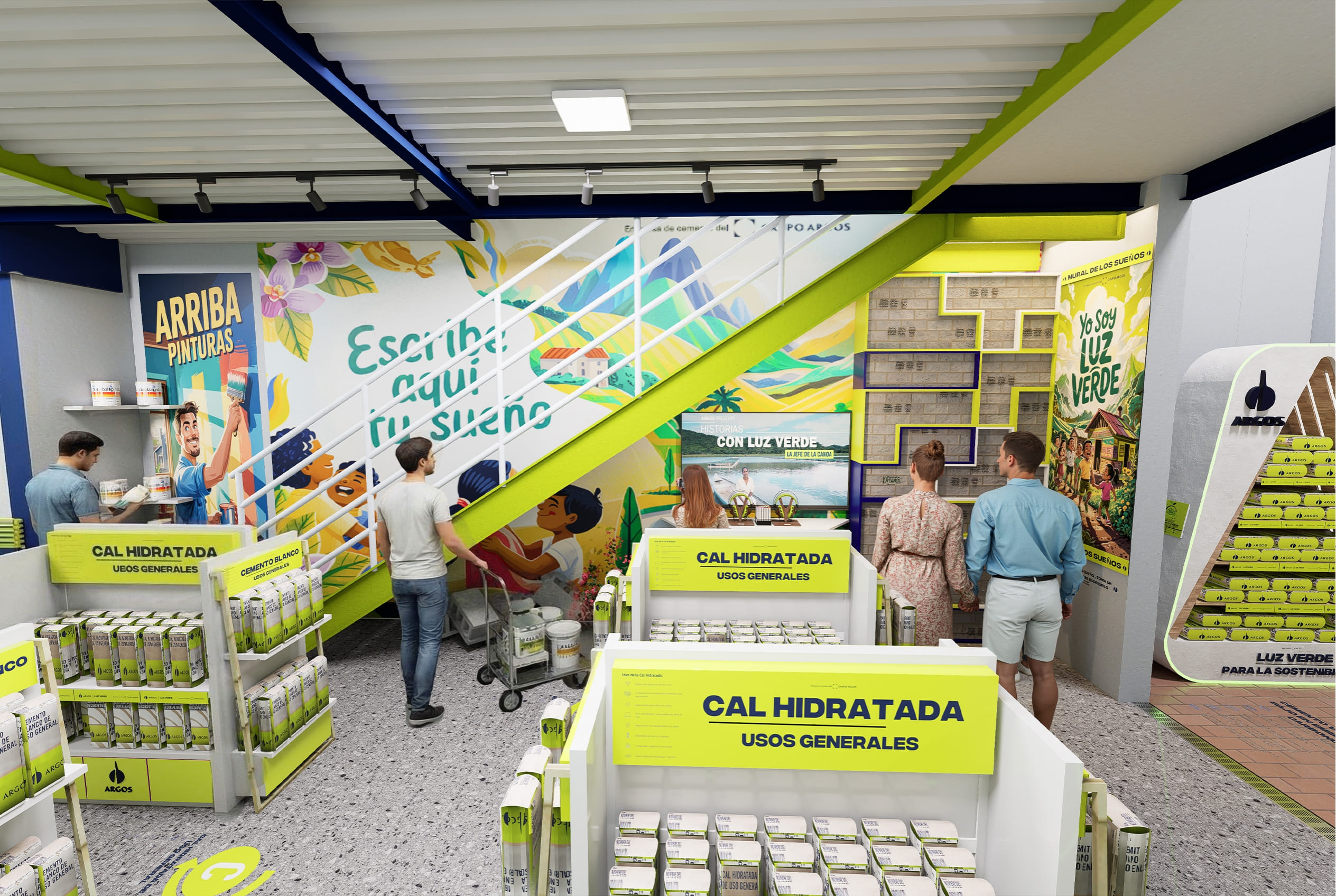 Zona de atención al cliente con iluminación LED en Argos Ruta Verde - Elite24 Studio, firma de arquitectura en Bogotá