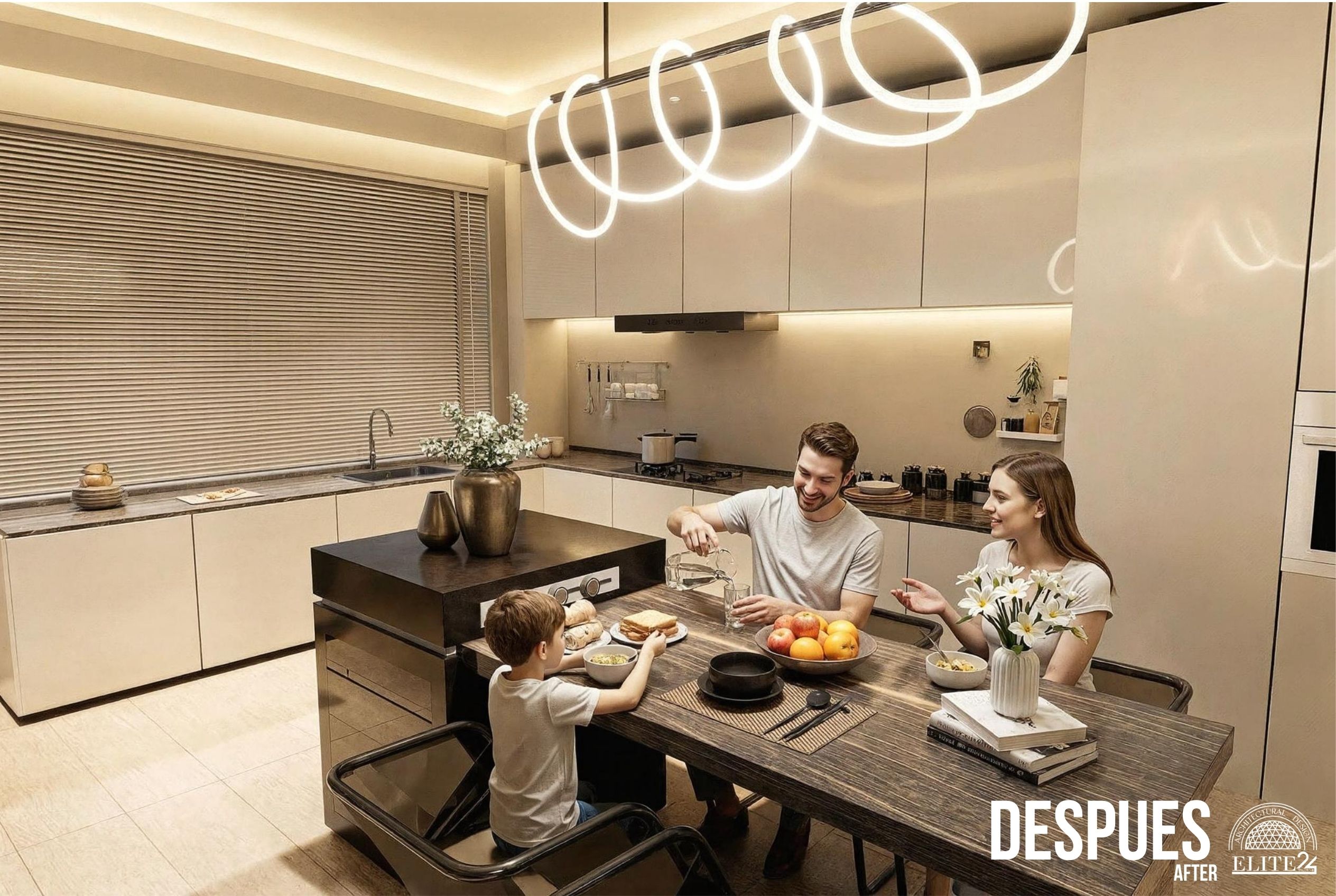 Suelo en tonos tierra que aporta calidez a la Cocina 506, Chicó - Elite24 Studio, estudio de diseño interior en Bogotá