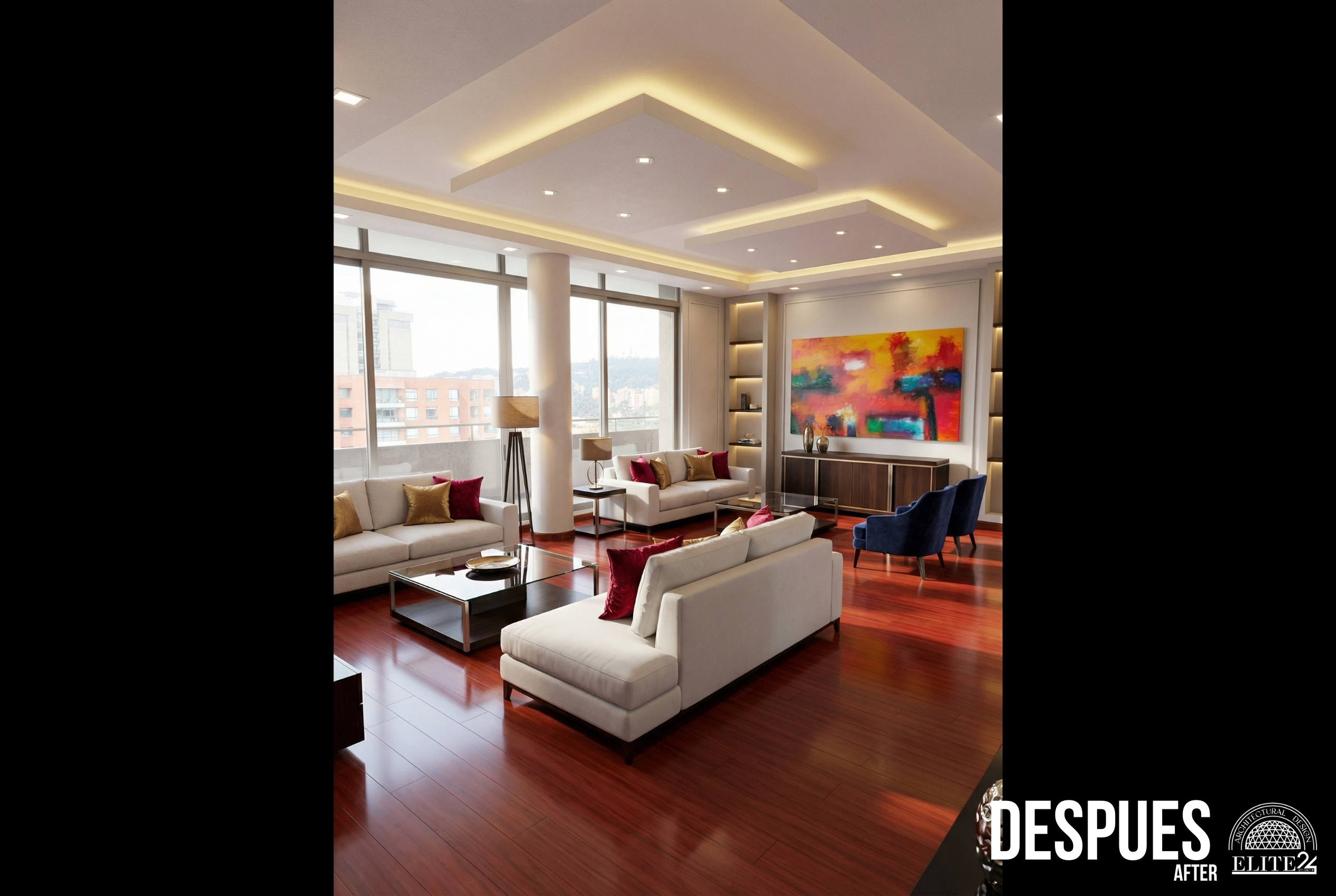 Sala panorámica con muro texturizado y nichos iluminados en Mondrian 1703 - Elite24 Studio, estudio de diseño interior en Bogotá