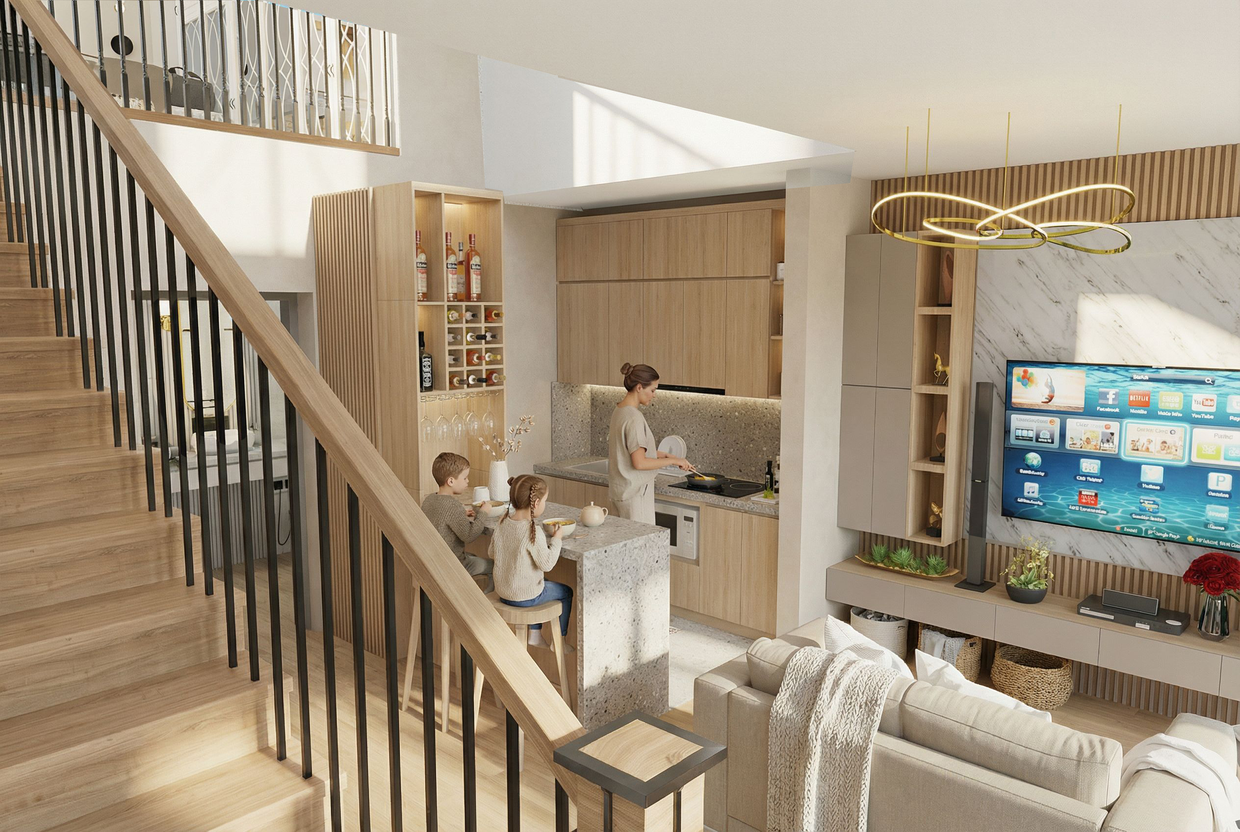 Sala de estar con acabados en madera y granito en Villa Nordljus - Elite24 Studio, firma de arquitectura en Bogotá