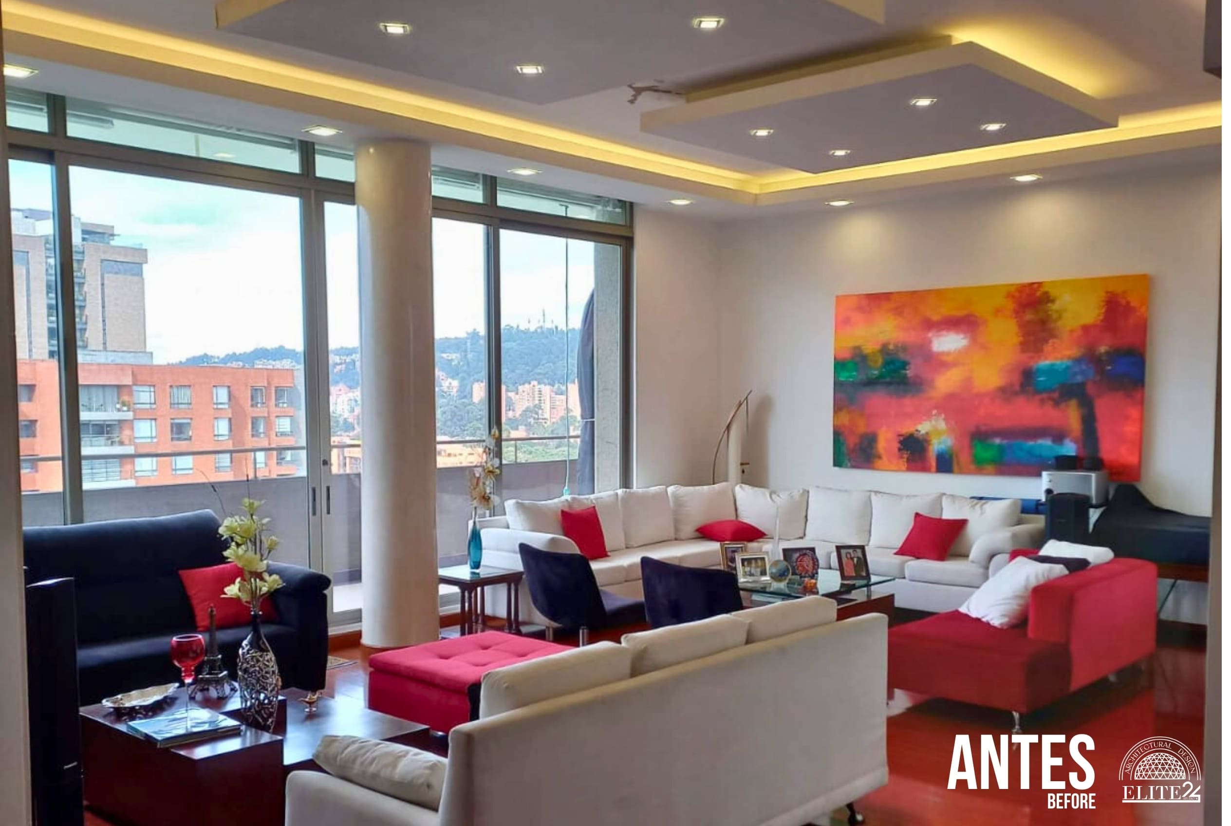Vista final del apartamento Mondrian 1703 con paleta neutra sofisticada, Colina - Elite24 Studio, estudio de diseño interior en Bogotá