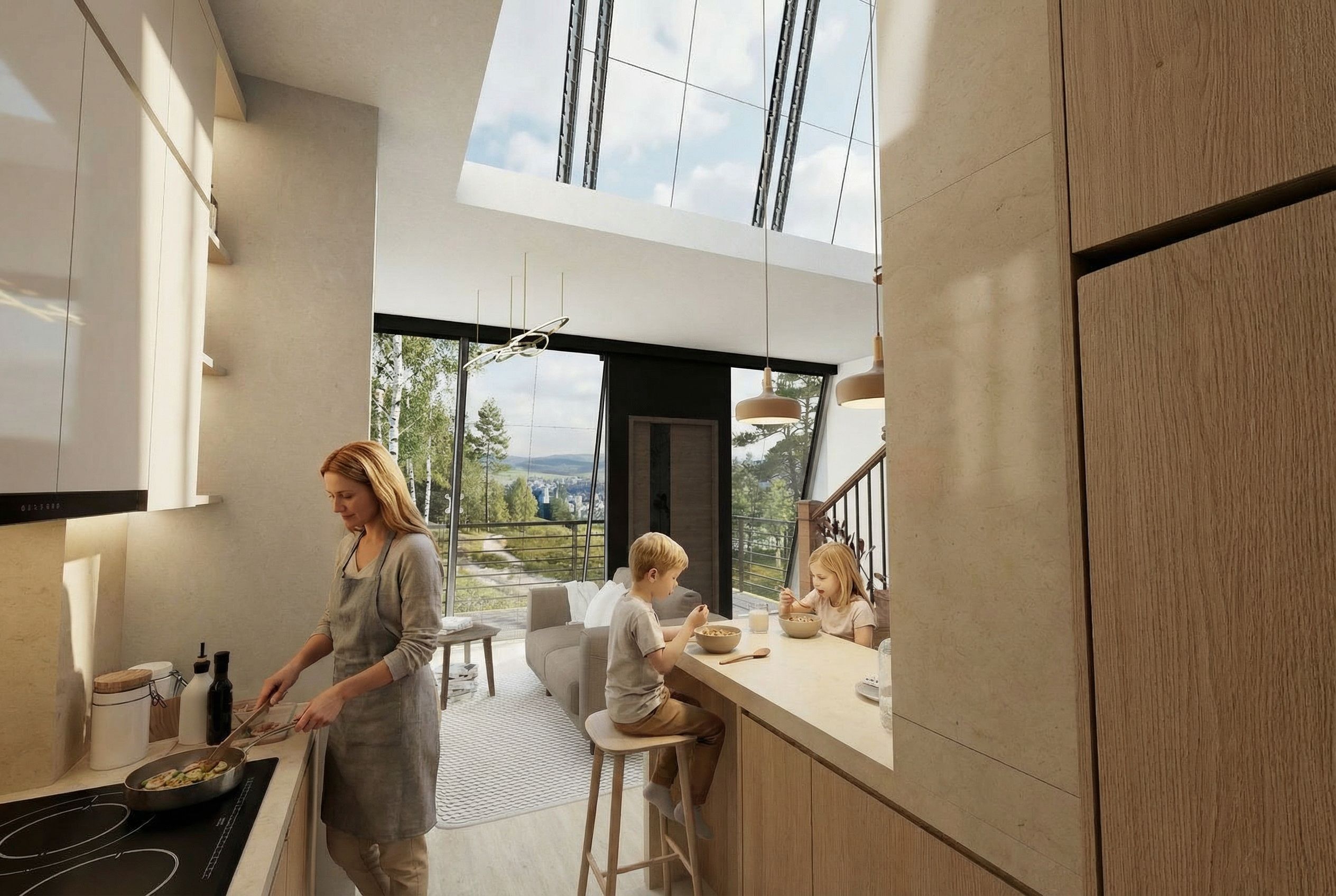 Detalle de mármol y madera en un espacio interior de Villa Nordljus - Elite24 Studio, firma de arquitectura en Bogotá