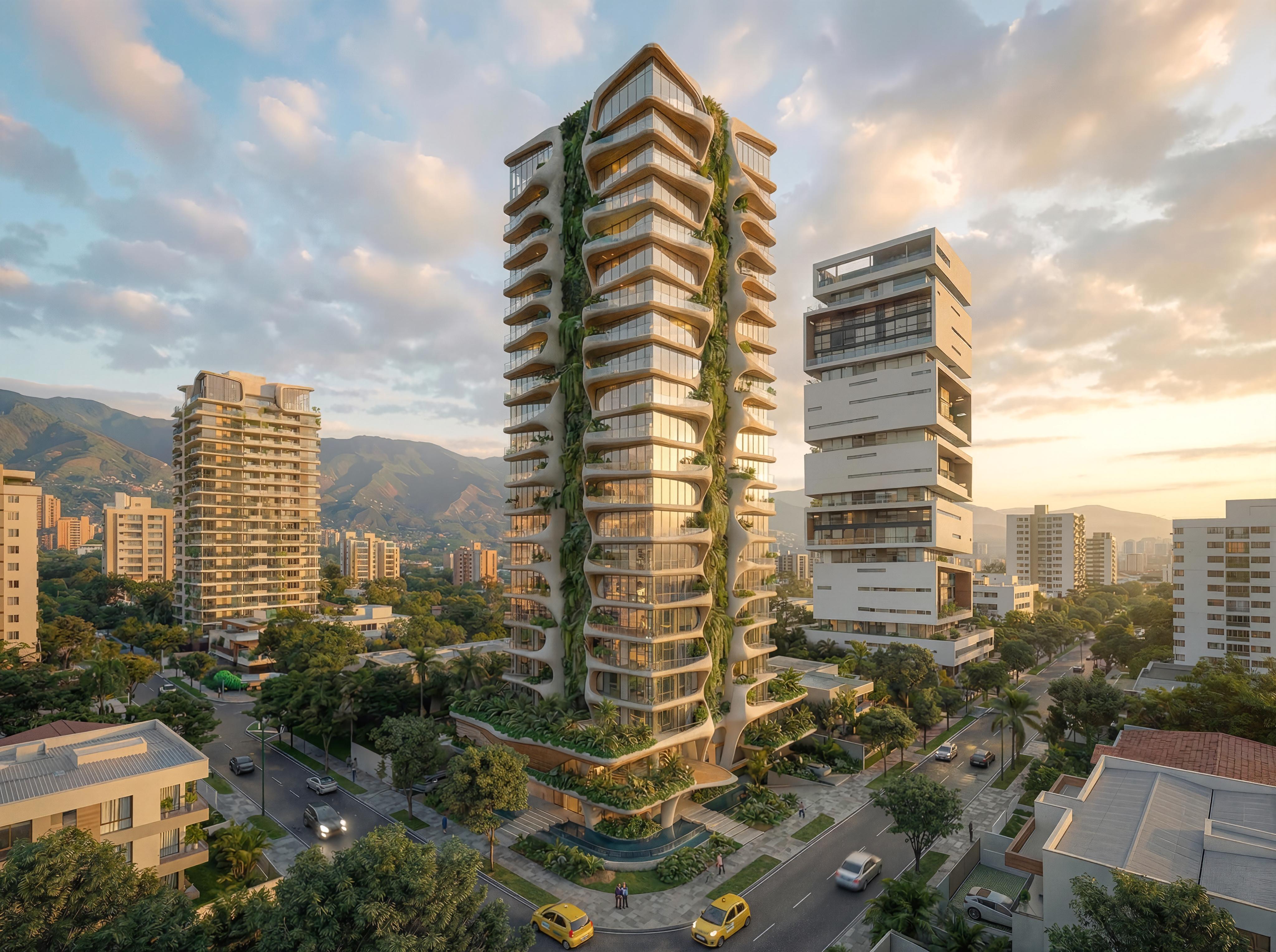 Vista de la torre residencial y hotelera NOVA GREEN 27 en el sector Energy Living, Medellín - Elite24 Studio, firma de arquitectura en Bogotá