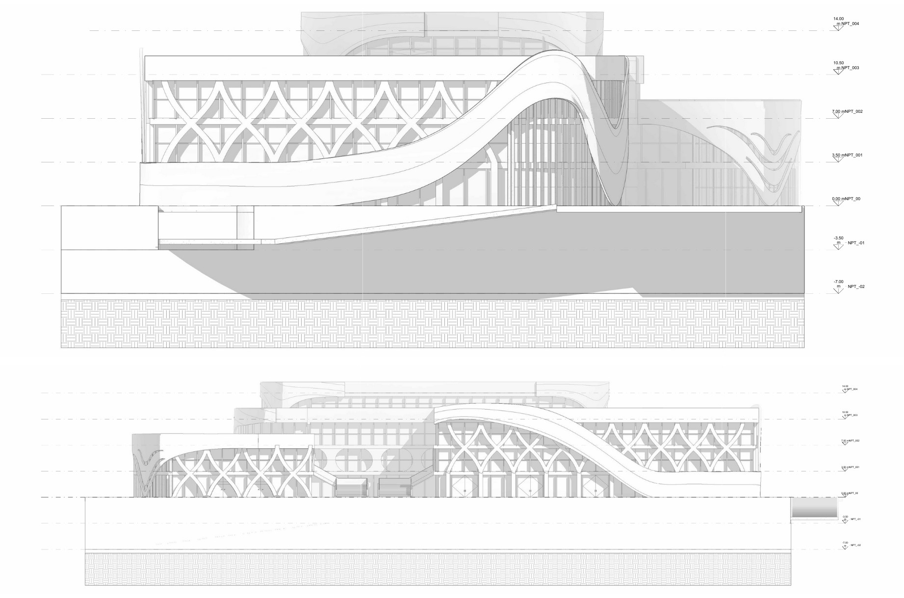Esquema estructural del exoesqueleto de hormigón del Centro de Neurociencias CIIN - Elite24 Studio, firma de arquitectura en Bogotá