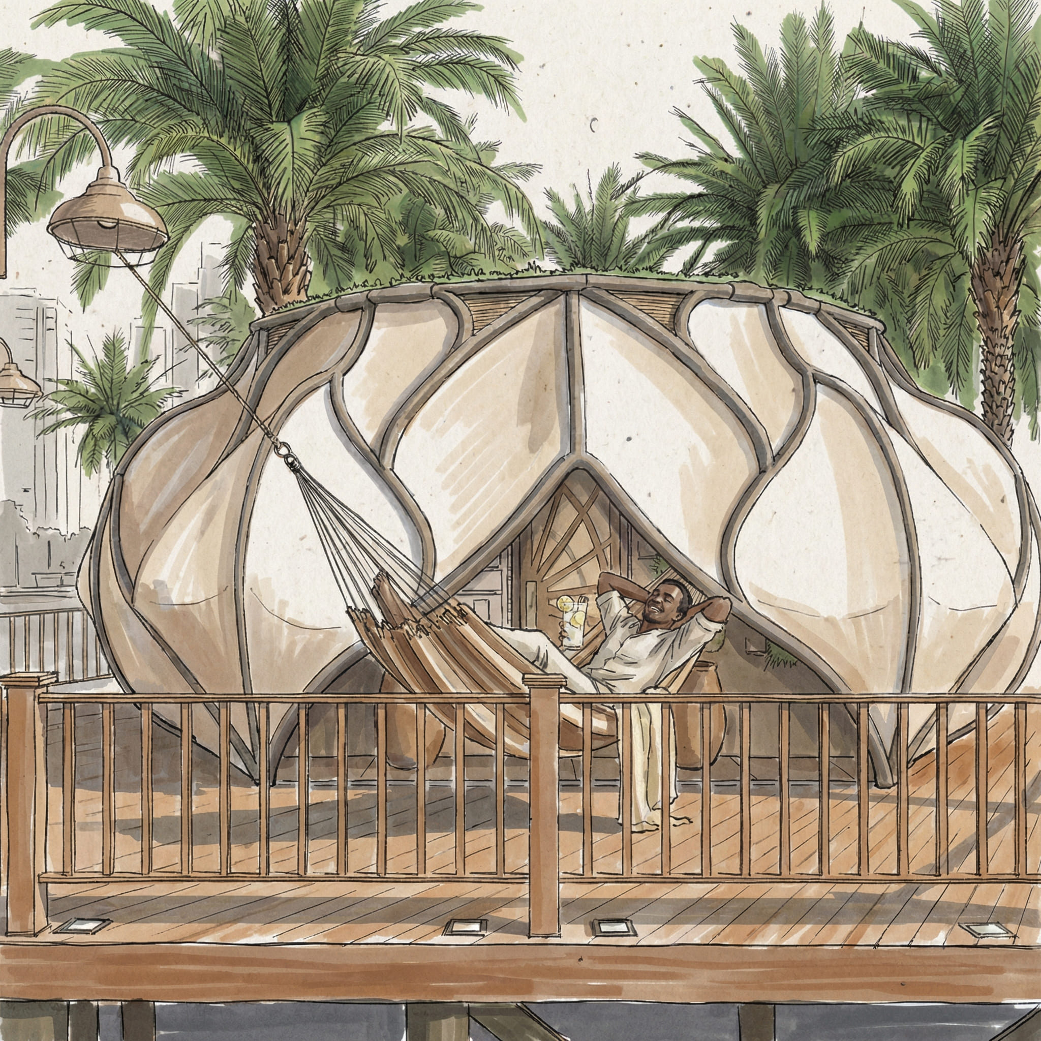 Boceto de fachada tropical del proyecto Caribbean Suites en el Caribe colombiano - Elite24 Studio, firma de arquitectura en Bogotá