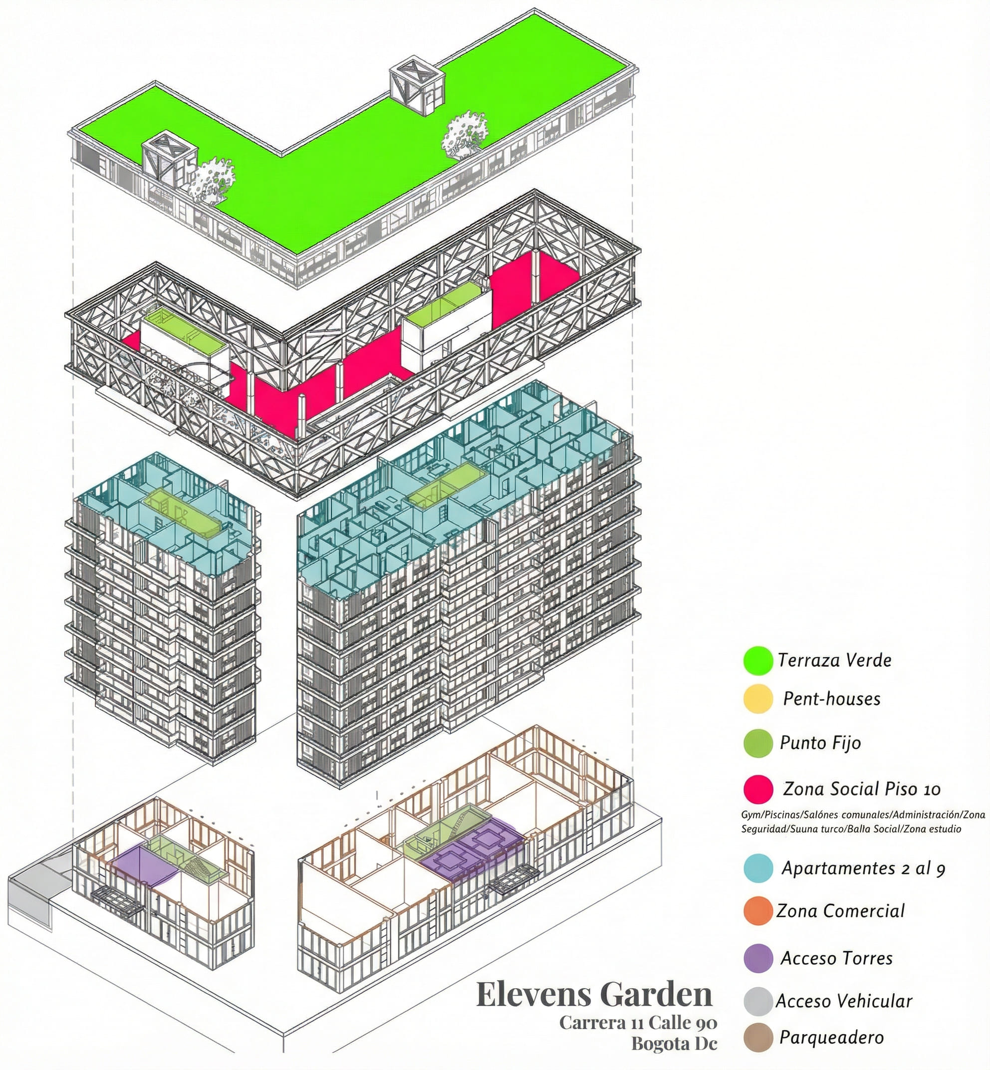 Esquema arquitectónico del voladizo del nivel 10 de Elevens Garden - Elite24 Studio, firma de arquitectura en Bogotá