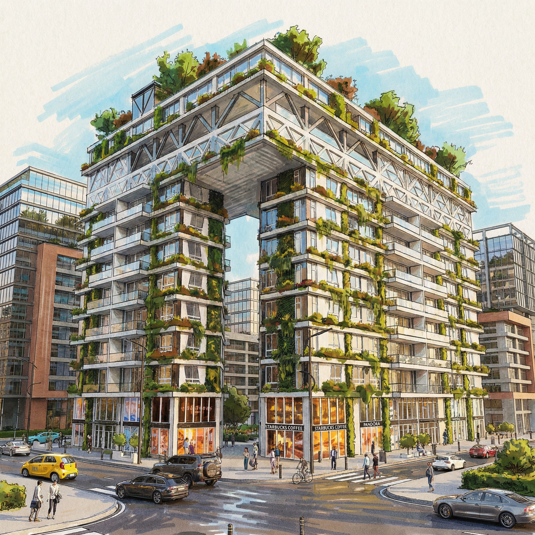 Boceto conceptual de las torres conectadas de Elevens Garden - Elite24 Studio, firma de arquitectura en Bogotá