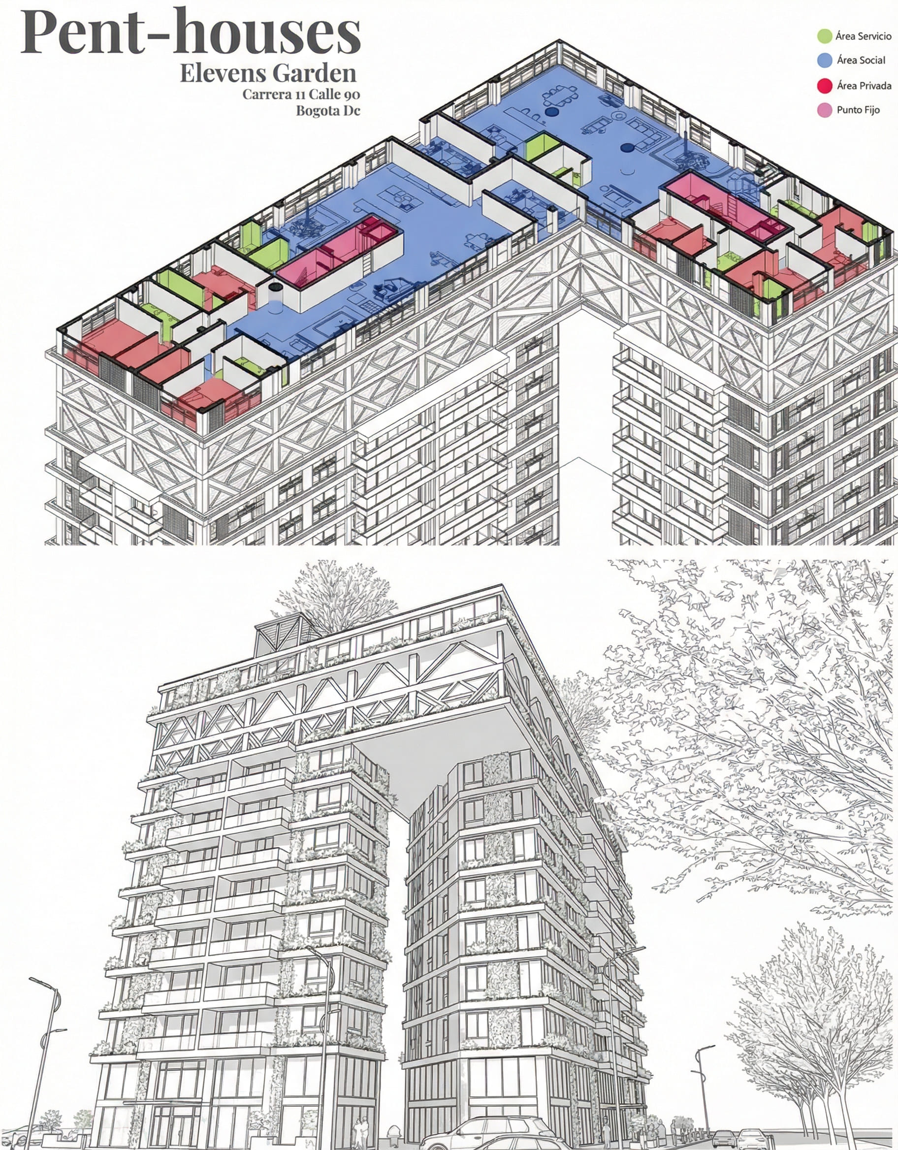 Esquema final de diseño arquitectónico del proyecto Elevens Garden - Elite24 Studio, firma de arquitectura en Bogotá