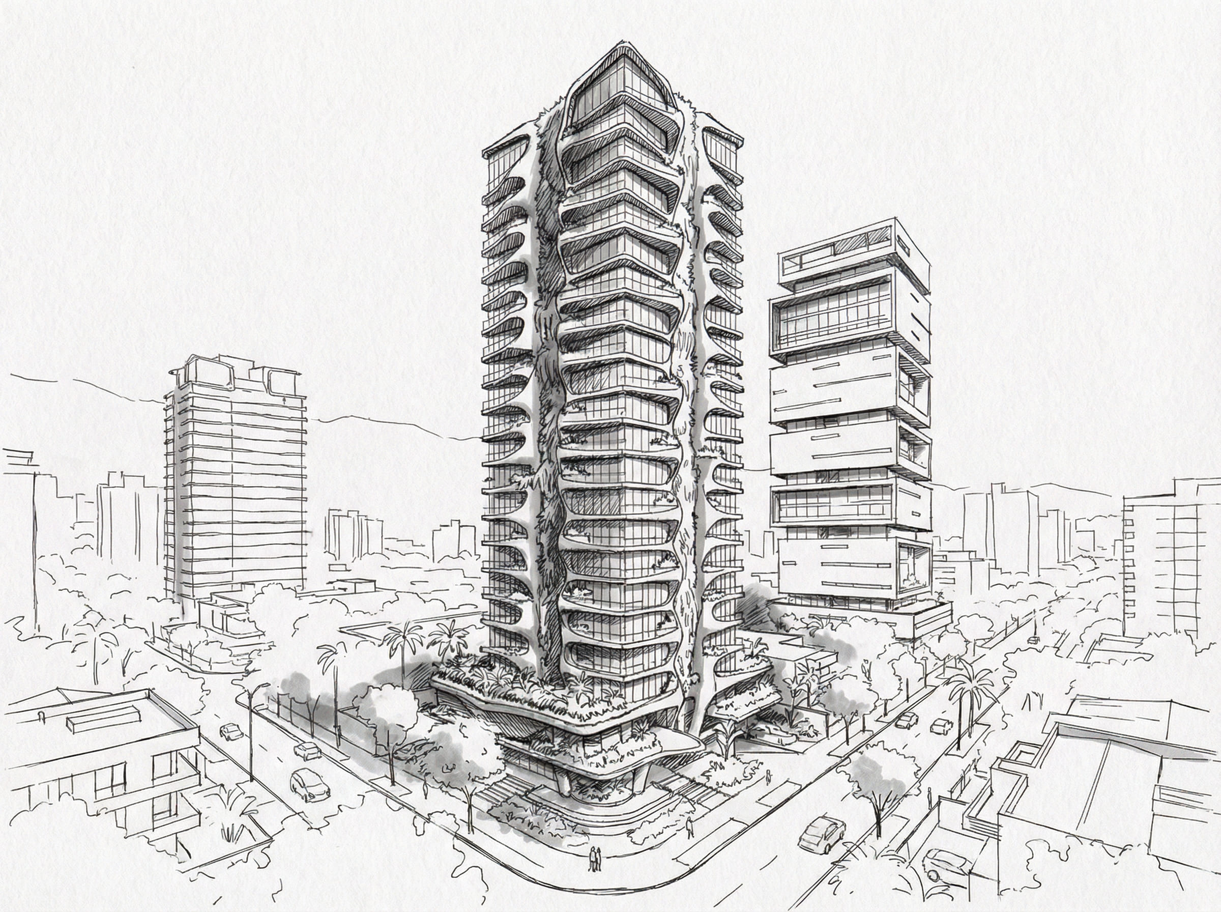 Boceto conceptual de la volumetría del edificio NOVA GREEN 27 - Elite24 Studio, firma de arquitectura en Bogotá