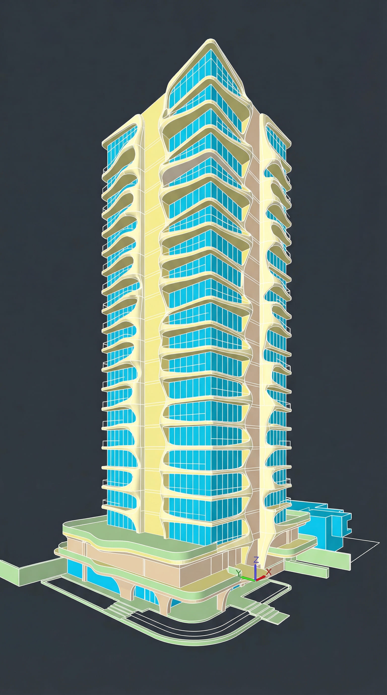 Esquema arquitectónico de la fachada sostenible de NOVA GREEN 27 - Elite24 Studio, firma de arquitectura en Bogotá